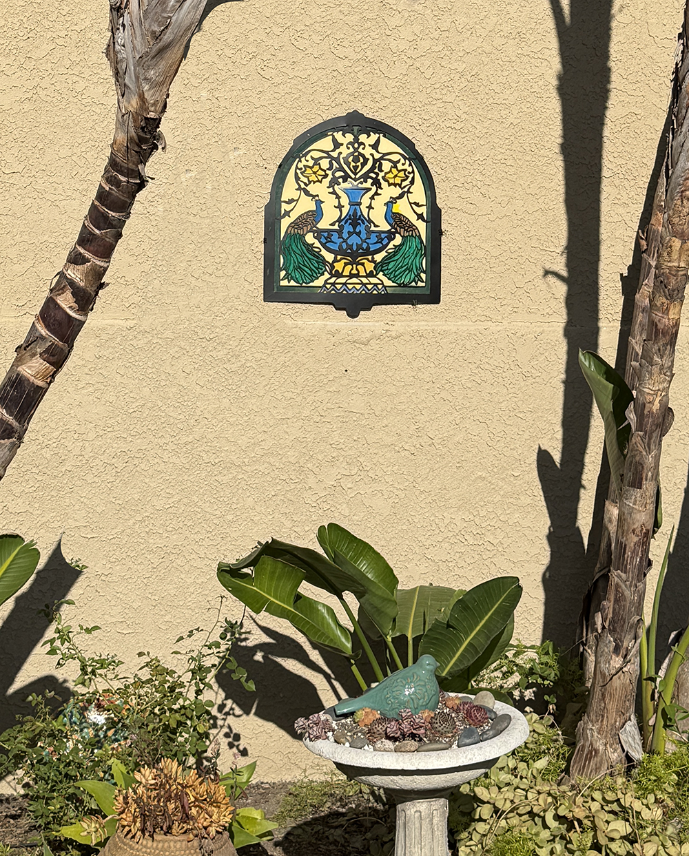 Peacocks by fountain. Metal Art Mural