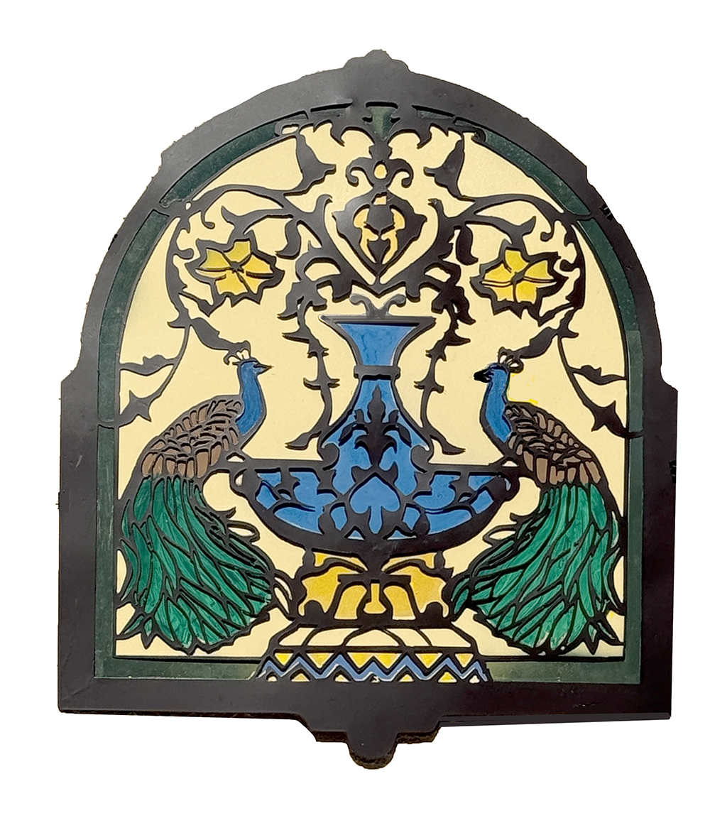 Peacocks by fountain. Metal Art Mural